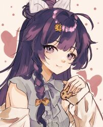 Rule 34 | 1girl, ahoge, bow, braid, brown background, brown bow, center frills, collared shirt, commentary, cookie, flower, food, frills, grey bow, grey shirt, hair bow, hair flower, hair intakes, hair ornament, hand up, highres, holding, holding food, honkai (series), honkai impact 3rd, jacket, long hair, long sleeves, looking at viewer, mofumanju, off shoulder, open clothes, open jacket, puffy long sleeves, puffy sleeves, purple eyes, purple hair, raiden mei, shirt, single braid, sleeveless, sleeveless shirt, sleeves past wrists, solo, upper body, white bow, white jacket, yellow flower