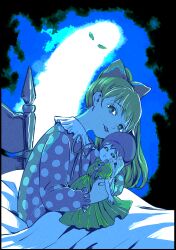 Rule 34 | 1girl, abstract background, bed frame, black sclera, blonde hair, bow, braid, chargeman ken!, colored sclera, hugging doll, dress, ghost, green dress, green eyes, hair bow, hashibashishida, hat, highres, izumi caron, lipstick, looking at viewer, makeup, neck ribbon, hugging object, on bed, parted lips, polka dot, polka dot dress, ponytail, puffy short sleeves, puffy sleeves, ribbon, short sleeves, sleepwear, smile, under covers