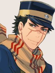 Rule 34 | 1boy, black hair, black hat, brown eyes, closed mouth, facial hair, facial scar, goatee, golden kamuy, hat, isa (peien516), looking at viewer, male focus, military, military hat, military uniform, portrait, scar, scar on cheek, scar on face, scar on mouth, scarf, shirt, short hair, simple background, solo, sugimoto saichi, uniform, upper body, yellow hat, yellow scarf