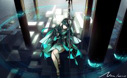 Rule 34 | 1girl, bare legs, black footwear, chinese clothes, chinese commentary, commentary, crown, cyberspace, dated, elbow gloves, from above, full body, gloves, green eyes, green gloves, green hair, green robe, hair ornament, hairclip, highres, holding, holding polearm, holding weapon, knee up, long hair, looking down, mary janes, mole, mole under mouth, nnnnnova, partially fingerless gloves, pillar, polearm, print robe, procreate (medium), punishing: gray raven, qu: pavo (punishing: gray raven), qu (punishing: gray raven), robe, shoes, side slit, sidelocks, signature, sitting, solo, tassel, weapon