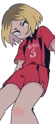 1boy androgynous bishounen blonde_hair cowboy_shot crew_neck haikyuu!! highres kozume_kenma looking_at_viewer male_focus mameo_(mameo6416) multicolored_hair nekoma_volleyball_uniform open_mouth red_shorts roots_(hair) shirt short_hair shorts simple_background solo sportswear standing two-tone_hair volleyball_uniform white_background yellow_eyes