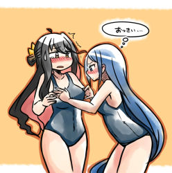Rule 34 | 10s, 2girls, ahoge, bare shoulders, black hair, blue eyes, blue hair, blush, breast envy, breasts, hair ribbon, hand on another&#039;s chest, highres, kantai collection, long hair, mira shamaliyy, multicolored hair, multiple girls, naganami (kancolle), one-piece swimsuit, open mouth, pink hair, ribbon, samidare (kancolle), school swimsuit, simple background, sweatdrop, swept bangs, swimsuit, tears, thighs, translated, very long hair, yellow eyes