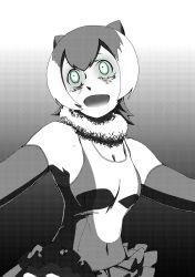 Rule 34 | 10s, 1girl, animal ears, breasts, cleavage, commentary, covered navel, crazy eyes, crazy smile, dress, elbow gloves, fur collar, gloves, green eyes, greyscale, halftone, highres, kaya (nari1-24), kemono friends, layered dress, looking to the side, medium breasts, monochrome, open mouth, otter ears, short hair, sleeveless, sleeveless dress, small-clawed otter (kemono friends), smile, solo, spot color, upper body