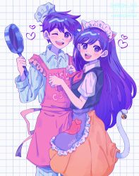 Rule 34 | 1boy, 1girl, animal ears, apron, blush, cat ears, cat tail, chef hat, fake animal ears, fake tail, frying pan, hat, hero (headspace) (omori), hero (omori), highres, holding, holding frying pan, long hair, looking at viewer, mari (headspace) (omori), mari (omori), maromichan, neckerchief, official alternate costume, omori, one eye closed, open mouth, pink apron, purple eyes, purple hair, red neckerchief, short hair, smile, tail, teeth, upper teeth only