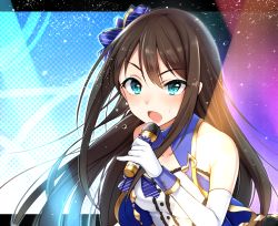 Rule 34 | 10s, 1girl, aqua eyes, bare shoulders, black hair, bow, elbow gloves, gloves, hair bow, idolmaster, idolmaster cinderella girls, idolmaster cinderella girls starlight stage, long hair, microphone, music, musical note, open clothes, open mouth, open vest, paragasu (parags112), quaver, shibuya rin, shirt, singing, solo, sweat, very long hair, vest, white gloves