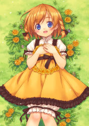 Rule 34 | 1girl, :d, bloomers, blue eyes, braid, copyright request, dandelion, dress, flower, grass, hands on own chest, inou shin, looking at viewer, lying, on back, open mouth, orange hair, short hair, smile, solo, twin braids, underwear