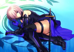 Rule 34 | 1girl, black footwear, black leotard, black thighhighs, blue gloves, boots, breasts, chietori, elbow gloves, fate/grand order, fate (series), gloves, hair over one eye, high heel boots, high heels, large breasts, leotard, looking at viewer, lying, mash kyrielight, on side, purple eyes, short hair, silver hair, smile, solo, sword, thigh boots, thigh strap, thighhighs, weapon