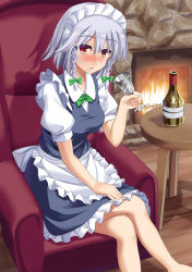 Rule 34 | 1girl, alcohol, apron, barefoot, blouse, blue skirt, blue vest, blush, bottle, bow, bowtie, braid, breasts, chair, chalice, commentary request, crossed legs, cup, drunk, feet out of frame, fire, fireplace, green bow, green bowtie, hair between eyes, hair ribbon, hand on own thigh, highres, holding, holding cup, indoors, izayoi sakuya, looking at viewer, maid, maid headdress, medium breasts, puffy short sleeves, puffy sleeves, red eyes, ribbon, shadow, shirt, short hair, short sleeves, silver hair, sitting, skirt, solo, table, touhou, tress ribbon, twin braids, vest, waist apron, white shirt, wooden floor, yasuu (ezuw3737)
