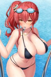 Rule 34 | 1girl, asamura hiori, azur lane, bare arms, bare legs, bikini, blush, breasts, cleavage, collarbone, curvy, goggles, goggles on head, hair ornament, highres, huge breasts, italian flag, large breasts, long hair, looking at viewer, mouth hold, navel, pool, pool ladder, red eyes, red hair, shiny skin, side ponytail, smile, solo, string bikini, swimsuit, thick thighs, thighs, water, water drop, wet, wet hair, whistle, yellow eyes, zara (azur lane), zara (poolside coincidence) (azur lane)