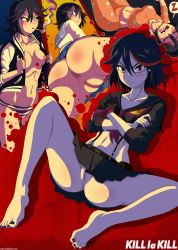 Rule 34 | 1girl, anus, ass, barefoot, black hair, blue eyes, breasts, breasts out, cigarette, cleft of venus, closed mouth, feet, fingerless gloves, gloves, highres, kill la kill, matoi ryuuko, multicolored hair, nipples, open mouth, pajamas, panties, pijama, pussy, red hair, shadman, short hair, smoking, speech bubble, striped clothes, striped panties, toes, underwear, zzz