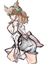 Rule 34 | 10s, 1girl, animal ears, ass, bad id, bad twitter id, black skirt, blush, breasts, brown hair, covered erect nipples, cowboy shot, cropped legs, elbow gloves, erune, from behind, gloves, granblue fantasy, green eyes, hair ornament, highres, la coiffe (granblue fantasy), leaf hair ornament, long hair, looking back, mash donburi, medium breasts, miniskirt, no bra, open mouth, pink gloves, puffy short sleeves, puffy sleeves, short sleeves, sideboob, simple background, sketch, skirt, solo, walking, white background