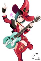 Rule 34 | 1girl, arc system works, boots, breasts, brown eyes, cleavage, cosplay, fingerless gloves, gloves, green hair, guilty gear, guitar, hat, heart, i-no, i-no (cosplay), idolmaster, idolmaster (classic), instrument, jabara tornado, looking at viewer, medium breasts, mole, mole under mouth, one eye closed, otonashi kotori, red footwear, red hat, red thighhighs, short hair, solo, thigh boots, thighhighs, witch hat, zettai ryouiki