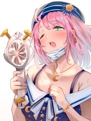 Rule 34 | 1girl, aonaga heri, armpit crease, beret, bracelet, crescent, crescent moon, crescent necklace, electric fan, green eyes, hat, himemori luna, himemori luna (sundress), hololive, jewelry, mask, moon, mouth mask, necklace, one eye closed, open mouth, pink hair, short hair, simple background, solo, subaru duck, surgical mask, sweat, upper body, virtual youtuber, white background
