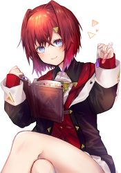 Rule 34 | 1girl, absurdres, ange katrina, ange katrina (1st costume), bad id, bad pixiv id, black jacket, blue eyes, book, coneco, crossed legs, hair intakes, hair ornament, hairclip, highres, holding, jacket, looking at viewer, nijisanji, open book, red hair, red sweater, short hair, simple background, sleeves past wrists, smile, solo, sweater, test tube, transparent background, virtual youtuber, white background