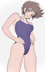Rule 34 | 1girl, artist request, breasts, brown eyes, brown hair, cowboy shot, hands on own hips, highres, honoo no toukyuuji: dodge danpei, ichigeki haruka, looking at viewer, mature female, one-piece swimsuit, purple one-piece swimsuit, short hair, simple background, small breasts, solo, source request, swimsuit