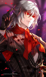 Rule 34 | 1boy, antonio salieri (fate), antonio salieri (second ascension) (fate), bad id, bad pixiv id, black gloves, blood, blood on clothes, blurry, chain, depth of field, fate/grand order, fate (series), floral print, formal, gloves, glowing, glowing eyes, half updo, highres, male focus, neckerchief, petals, pinstripe pattern, pinstripe suit, pocket watch, red eyes, solo, striped, suit, upper body, watch, white hair, yuuki kira