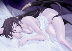 Rule 34 | 1girl, bed, bed sheet, black hair, breast press, breasts, covering privates, curvy, demon girl, demon wings, female focus, kawagishi keitarou, legs, lying, nude, nude cover, on side, original, pale skin, pointy ears, red eyes, short hair, solo, tail, wings