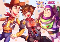 Rule 34 | 3boys, blue eyes, buzz lightyear, highres, kingdom hearts, locked arms, male focus, multiple boys, one eye closed, sheriff woody, smile, sora (kingdom hearts), spacesuit, spiked hair, toy, toy story