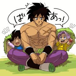 Rule 34 | +++, 3boys, ^^^, ^ ^, abs, between legs, black eyes, black hair, blue eyes, boots, broly (dragon ball super), chinese clothes, closed eyes, clothes around waist, crossed legs, dark-skinned male, dark skin, dragon ball, dragon ball super, dragon ball super broly, dragonball z, expressionless, facial scar, full body, grass, hand between legs, happy, jacket, looking at another, looking down, male focus, multiple boys, nipples, open mouth, outstretched arms, purple hair, purple legwear, scar, scar on cheek, scar on face, shaded face, simple background, sitting, son goten, speech bubble, surprised, sweatdrop, tako jirou, teeth, topless male, translation request, trunks (dragon ball), under covers, upper teeth only, white background, wristband, yellow jacket