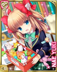 Rule 34 | 1girl, argyle, argyle clothes, argyle legwear, beads, blue eyes, bow, bowtie, box, brown hair, card (medium), day, girlfriend (kari), hair bow, indoors, library, looking at viewer, mary janes, official art, open mouth, plaid, plaid skirt, qp:flapper, ribbon, school uniform, shoes, sitting, skirt, smile, solo, stuffed animal, stuffed toy, tagme, teddy bear, thighhighs, two side up, white thighhighs, yuuki nae