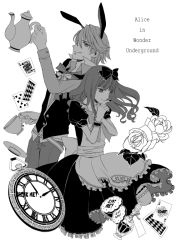 Rule 34 | 1boy, 1girl, ace (playing card), alice (alice in wonderland), alice (alice in wonderland) (cosplay), alice in wonderland, animal ears, ark41500, bad id, bad pixiv id, bloomers, bottle, bow, card, clock, cosplay, cup, dress, english text, flower, greyscale, hair bow, heart card, kamen rider, kamen rider fourze (series), kemonomimi mode, long hair, monochrome, nail polish, nozama tomoko, playing card, rabbit ears, rose, sakuta ryuusei, saucer, smile, spade, spades card, teacup, tongue, tongue out, underwear, white rabbit (alice in wonderland), white rabbit (cosplay)