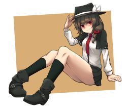 Rule 34 | 1girl, arm up, black footwear, black hair, black hat, black skirt, black socks, bow, capelet, closed mouth, collared shirt, full body, hair bow, hand on headwear, hat, hat bow, highres, kneehighs, long sleeves, looking at viewer, miniskirt, multicolored background, nameko houshi, necktie, pleated skirt, red bow, red eyes, red necktie, shirt, shoes, sitting, skirt, smile, socks, solo, thighs, touhou, two-tone background, usami renko, white bow, white shirt