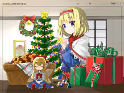 Rule 34 | 1girl, alice margatroid, bad id, bad pixiv id, basket, bell, blonde hair, blue eyes, blush, bow, bowtie, christmas, christmas ornaments, christmas tree, cookie, doll, closed eyes, food, gift, gotyou, hair bow, hairband, long hair, photo (object), ribbon, scarf, shanghai doll, short hair, sitting, skirt, smile, snow, solo, star (symbol), touhou, window, wings, winter, wreath