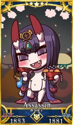 Rule 34 | 1girl, blush, chibi, fangs, fate/grand order, fate (series), highres, holding, horns, navel, official art, open mouth, purple hair, riyo (lyomsnpmp), saliva, short hair, shuten douji (fate), shuten douji (first ascension) (fate), skin-covered horns, solo