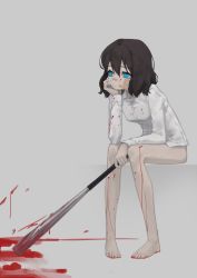 Rule 34 | 1girl, absurdres, bandaid, bandaid on face, bare legs, barefoot, baseball bat, blood, blood on clothes, blood on face, blood on feet, blood on ground, blood on leg, blood on wall, blue eyes, bottomless, brown hair, commentary request, full body, grey background, highres, holding, holding baseball bat, holding weapon, long sleeves, medium hair, original, shirt, simple background, sitting, solo, weapon, white shirt, yoon cook
