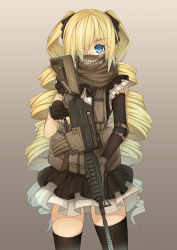 Rule 34 | 1girl, absurdres, assault rifle, blonde hair, blue eyes, cowboy shot, gloves, gradient background, gun, hair over one eye, highres, long hair, m4 carbine, military operator, original, rifle, scarf, solo, standing, thighhighs, twintails, vest, weapon, zz199595