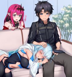 Rule 34 | 1boy, 2girls, artist name, baobhan sith (fate), baobhan sith (first ascension) (fate), black dress, black hair, black shirt, blue eyes, blush, breasts, closed eyes, clothing cutout, command spell, couch, dress, fate/grand order, fate (series), fujimaru ritsuka (male), fujimaru ritsuka (male) (polar chaldea uniform), grey eyes, hair ornament, hand on another&#039;s head, highres, hirasawa seiji, large breasts, long hair, looking at another, lying on person, morgan le fay (fate), multiple girls, navel, on couch, pink hair, plant, pointy ears, red dress, shirt, short hair, sideboob, signature, silver hair, stomach, stomach cutout, translation request, twitter username
