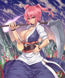 Rule 34 | 1girl, breasts, cleavage, coin, dress, female focus, ghost, grass, hair bobbles, hair ornament, highres, holding, houtengeki, japanese clothes, large breasts, no bra, obi, onozuka komachi, over shoulder, pink hair, plant, red eyes, rock, sash, scythe, short hair, short sleeves, side slit, sky, smile, solo, touhou, twintails, two side up, weapon, weapon over shoulder, wristband