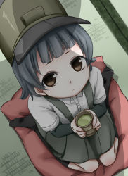 Rule 34 | 10s, 1girl, arare (kancolle), black hair, cup, from above, green tea, hat, kantai collection, kojika (hodohodoni), looking at viewer, looking up, personification, pillow, school uniform, short hair, solo, suspenders, tea