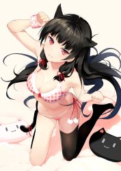 Rule 34 | &gt;:3, &gt;:d, 10s, 1girl, :3, :d, animal ears, armpits, asymmetrical legwear, bad id, bad pixiv id, bed sheet, bikini, black hair, black socks, blush, bra, breasts, cat ears, cat-shaped pillow, cat tail, cleavage, collarbone, evil smile, eyebrows, front-tie top, groin, hair ribbon, highres, isokaze (kancolle), kantai collection, kemonomimi mode, kneehighs, long hair, looking at viewer, nanotaro, navel, open mouth, panties, parted lips, paw pose, pillow, plaid, plaid bra, plaid panties, red bra, red eyes, red panties, red ribbon, ribbon, side-tie bikini bottom, sidelocks, single kneehigh, single sock, single thighhigh, smile, socks, solo, stomach, swimsuit, tail, teeth, thighhighs, thighs, tsurime, underwear, uneven legwear, v-shaped eyebrows, very long hair, wrist cuffs