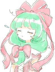 Rule 34 | 1girl, bow, closed eyes, frilled bow, frilled ribbon, frills, front ponytail, green hair, hair bow, hair ribbon, highres, kagiyama hina, puffy short sleeves, puffy sleeves, red bow, red ribbon, ribbon, sanunu36, short sleeves, simple background, solo, tears, touhou, white background