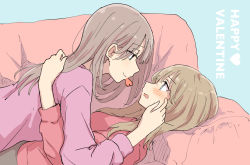 Rule 34 | 2girls, absurdres, betock, blush, brown hair, couch, english text, eye contact, hand on another&#039;s back, hand on another&#039;s face, heart, highres, long hair, looking at another, lying, lying on person, mouth hold, multiple girls, on back, original, profile, sketch, valentine, yuri