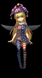 Rule 34 | 1girl, absurdres, american flag dress, american flag legwear, black background, blonde hair, clownpiece, crazy smile, dress, fairy, fairy wings, full body, hair between eyes, hat, highres, jester cap, long hair, open mouth, pantyhose, pink hat, polka dot, polka dot headwear, red eyes, shaded face, short sleeves, simple background, smile, solo, star (symbol), star print, striped clothes, striped dress, striped pantyhose, touhou, wings, wuming zhiyao
