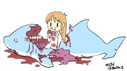 Rule 34 | &gt; &lt;, 10s, 1girl, 2012, :t, animated, animated gif, blood, blood on clothes, blood on face, bone, chewing, child, closed eyes, dated, dead animal, death, eating, entrails, guro, junkpuyo, lab coat, long hair, nichijou, orange hair, organs, professor shinonome, shark, simple background, solo, spine, white background, | |