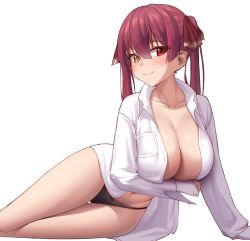 Rule 34 | 1girl, absurdres, arm under breasts, black panties, blush, breast hold, breast pocket, breasts, closed mouth, collarbone, commentary request, dress shirt, hair between eyes, hair ribbon, hetero, highres, hololive, houshou marine, laan (0110), large breasts, leaning to the side, long sleeves, looking at viewer, navel, no pants, open clothes, open shirt, panties, pocket, red eyes, red hair, red ribbon, ribbon, shirt, solo, underwear, virtual youtuber, white shirt, yellow eyes
