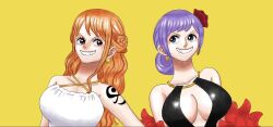 Rule 34 | 2girls, breasts, carina (one piece), cleavage, huge breasts, large breasts, long hair, multiple girls, nami (one piece), one piece, one piece film: gold, orange hair