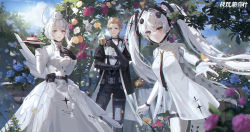 Rule 34 | 1boy, 2girls, artist request, black gloves, blonde hair, blue sky, cake, chrome (punishing: gray raven), cloud, cuffs, cup, dress, falling leaves, flower, food, gloves, halo, highres, holding, holding cup, holding plate, leaf, liv: empyrea (punishing: gray raven), liv (punishing: gray raven), long hair, luna: laurel (punishing: gray raven), luna (punishing: gray raven), mechanical parts, multiple girls, official art, outstretched hand, parted lips, plate, punishing: gray raven, sky, smile, sun, table, teapot, twintails, white dress, white hair