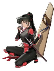 Rule 34 | 1girl, absurdres, black hair, bodysuit, boomerang, breasts, commentary request, full body, han-0v0, highres, hiraikotsu, inuyasha, japanese clothes, katana, kneeling, long hair, medium breasts, ninja, on one knee, ponytail, sango (inuyasha), smile, solo, sword, weapon, white background