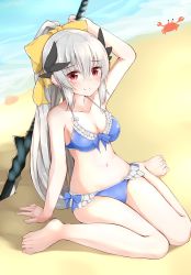 Rule 34 | 1girl, absurdres, arm up, bare shoulders, bikini, blush, breasts, cleavage, fate/grand order, fate (series), hair ribbon, highres, kiyohime (fate), kiyohime (fate/grand order), kiyohime (swimsuit lancer) (fate), kiyohime (swimsuit lancer) (third ascension) (fate), long hair, looking at viewer, moyoron, navel, ponytail, red eyes, ribbon, silver hair, sitting, smile, solo, swimsuit