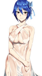 Rule 34 | 1girl, alternate breast size, alternate costume, bare shoulders, blue bow, blue hair, blush, bow, breasts, brown eyes, cleavage, closed mouth, collarbone, cowboy shot, criss-cross halter, dress, grey background, hair bow, halterneck, large breasts, looking at viewer, nisekoi, pale skin, rororo, short hair, simple background, smile, solo, tsugumi seishirou, wet, wet clothes, wet hair, white background