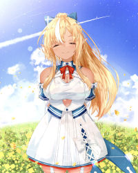 Rule 34 | 1girl, absurdres, arms behind back, blonde hair, blue sky, breasts, closed eyes, dark-skinned female, dark skin, dress, field, flower, flower field, garter straps, highres, hololive, large breasts, long hair, petals, pointy ears, ponytail, shiranui flare, shiranui flare (1st costume), sky, smile, thighhighs, u da desu, virtual youtuber, white dress, wind