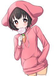 Rule 34 | 1girl, absurdres, alternate costume, arm up, black hair, blush, bright pupils, candy, carrot necklace, commentary request, cowboy shot, drawstring, dutch angle, eating, flat chest, food, hand in pocket, highres, holding, holding candy, holding food, holding lollipop, hood, hoodie, inaba tewi, lollipop, necklace, orange shorts, pink hoodie, red eyes, short hair, shorts, simple background, smile, solo, standing, swirl lollipop, touhou, tsukimirin, upper body, white background, white pupils