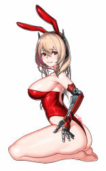 Rule 34 | 1girl, animal ears, bare legs, barefoot, blonde hair, blush, breasts, dated, fake animal ears, girls&#039; frontline, hair between eyes, large breasts, leotard, long hair, looking at viewer, m4 sopmod ii (girls&#039; frontline), mechanical arms, momera, no shoes, on floor, playboy bunny, rabbit ears, red eyes, single mechanical arm, sitting, solo, thighs, white background