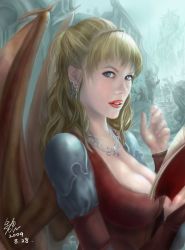 Rule 34 | 1girl, armor, blonde hair, blue eyes, book, breasts, bridal gauntlets, cleavage, collar, dated, demon, demon girl, demon wings, dungeons &amp; dragons, earrings, fall-from-grace, halberd, highres, jewelry, lady of pain, lips, looking at viewer, planescape: torment, polearm, realistic, signature, smile, demon girl, weapon, wings