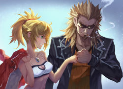 Rule 34 | 1boy, 1girl, blonde hair, breasts, cleavage, cleavage cutout, clothing cutout, commentary request, fate/apocrypha, fate/grand order, fate (series), fist bump, green eyes, grin, hair ornament, hair scrunchie, holding, holding clothes, holding jacket, jacket, jewelry, ji wuming, mordred (fate), mordred (fate/apocrypha), mordred (memories at trifas) (fate), necklace, pixiv fate/grand order contest 2, scar, scar across eye, scar on face, scrunchie, shishigou kairi, short hair, short ponytail, small breasts, smile, spiked hair, sunglasses
