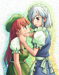 Rule 34 | 2girls, bad id, bad pixiv id, braid, female focus, hand on another&#039;s face, hat, hong meiling, izayoi sakuya, multiple girls, niina ryou, red hair, silver hair, tears, embodiment of scarlet devil, touhou, twin braids